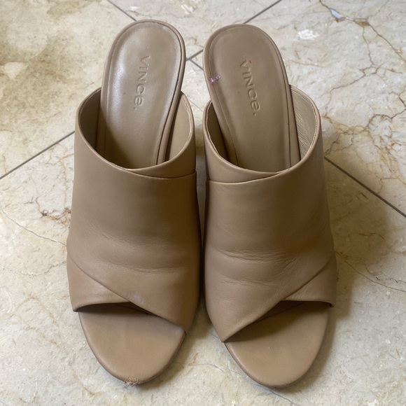 Vince Shoes - Vince Tan Leather Block Heel Slides